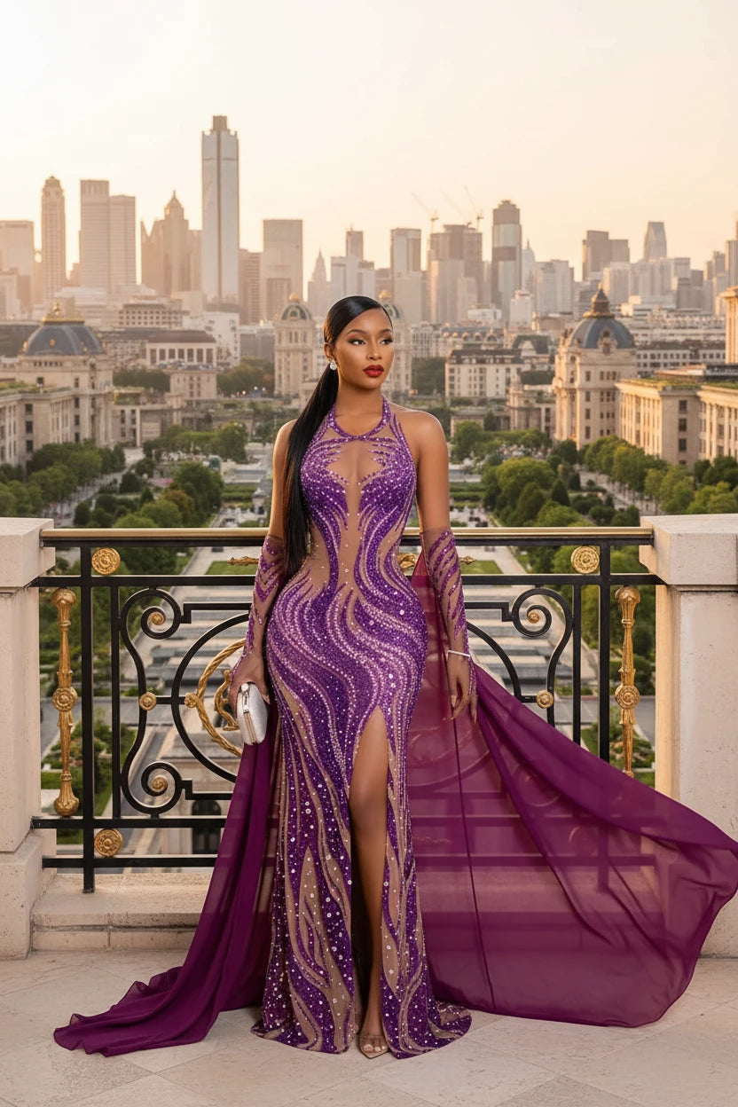 Yembi Fashion purple crystal maxi dress with nude illusion mesh, vertical wavy amethyst rhinestone patterns, high thigh slit, and detachable chiffon cape train