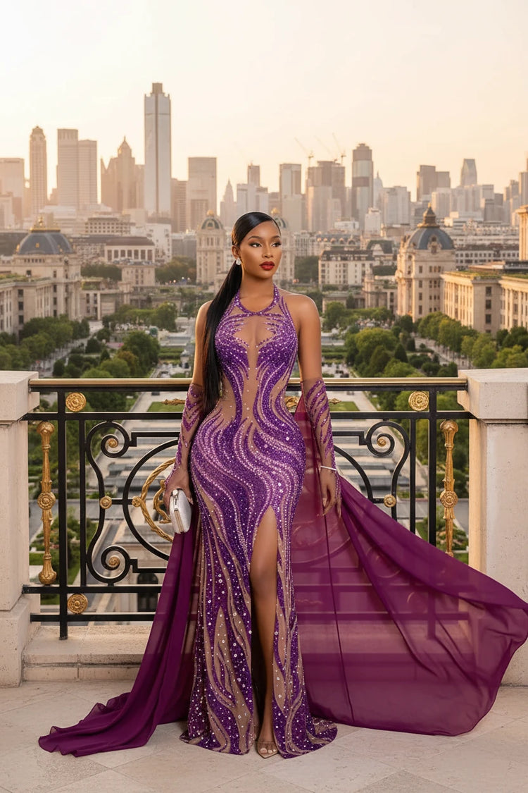 Yembi Fashion purple crystal maxi dress with nude illusion mesh, vertical wavy amethyst rhinestone patterns, high thigh slit, and detachable chiffon cape train