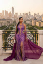 Yembi Fashion purple crystal maxi dress with nude illusion mesh, vertical wavy amethyst rhinestone patterns, high thigh slit, and detachable chiffon cape train