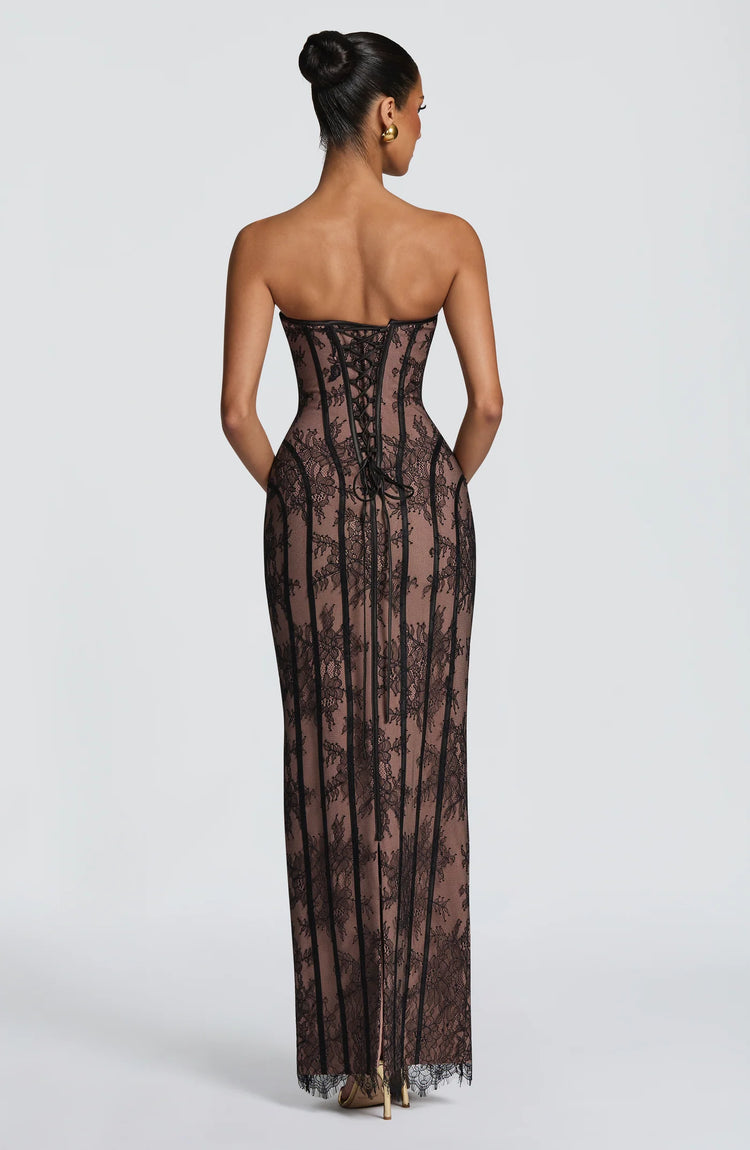Yembi Fashion luxury black lace maxi gown featuring a strapless structural corset bodice with vertical black velvet panelled lines over a warm nude lining