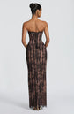 Yembi Fashion luxury black lace maxi gown featuring a strapless structural corset bodice with vertical black velvet panelled lines over a warm nude lining