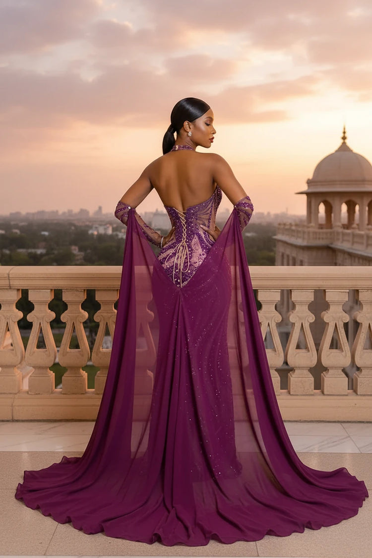 Yembi Fashion purple crystal maxi dress with nude illusion mesh, vertical wavy amethyst rhinestone patterns, high thigh slit, and detachable chiffon cape train