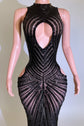 Yembi Fashion black rhinestone maxi dress with high neck, central chest keyhole cutout, sheer nude illusion mesh, and side hip cutouts