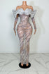 Yembi Fashion crystal embellished mermaid gown with nude illusion rhinestone mesh, sculptural ruffled wing collar, and matching embellished gloves