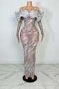 Yembi Fashion crystal embellished mermaid gown with nude illusion rhinestone mesh, sculptural ruffled wing collar, and matching embellished gloves
