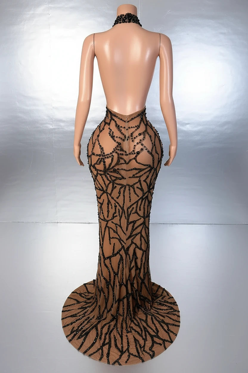 Yembi Fashion black rhinestone maxi dress with nude illusion mesh, high mock neck, and abstract crystal branching patterns