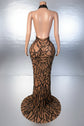 Yembi Fashion black rhinestone maxi dress with nude illusion mesh, high mock neck, and abstract crystal branching patterns