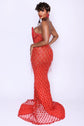 Yembi Fashion red rhinestone mermaid gown with strapless corset bodice, sheer nude-illusion mesh, and heavy geometric crystal lattice beading