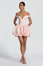 Yembi Fashion luxury pink off-the-shoulder puff mini dress featuring a structured corset bodice with a plunging V-neckline and dramatic bubble skirt