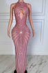 Yembi Fashion hot pink rhinestone maxi dress with dramatic chest and hip cutouts, high neck, and vertical fuchsia crystal line detailing