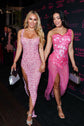 Rhinestone Long Dress in Pink – Stretch Mesh Bodycon Evening Party Dress