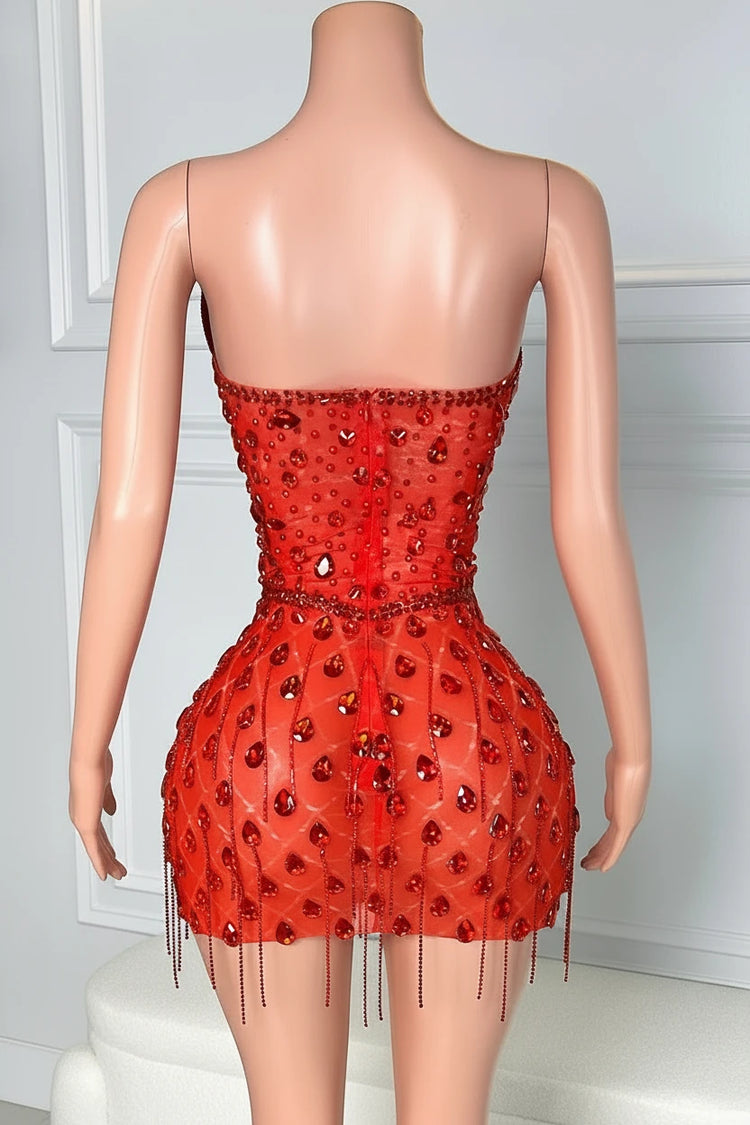 Yembi Fashion red crystal mini dress with asymmetric one shoulder neckline, teardrop ruby rhinestones, and vertical beaded fringe