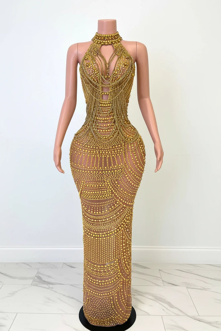 Yembi Fashion gold crystal maxi dress with high neck choker collar, plunging cutout bodice, draped chest chains, and sheer nude illusion mesh
