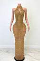 Yembi Fashion gold crystal maxi dress with high neck choker collar, plunging cutout bodice, draped chest chains, and sheer nude illusion mesh
