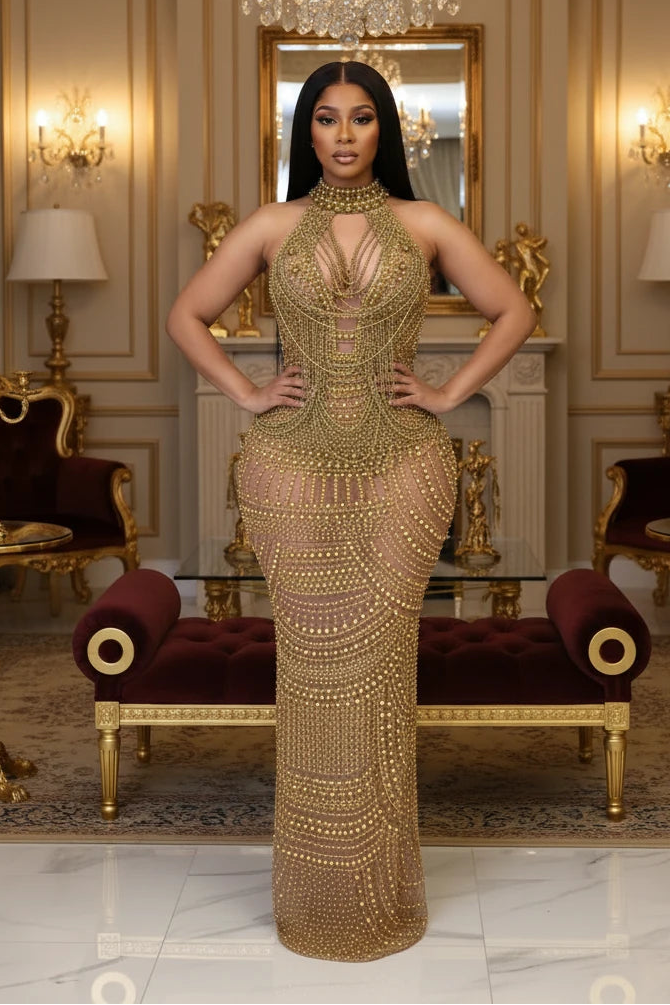 Yembi Fashion gold crystal maxi dress with high neck choker collar, plunging cutout bodice, draped chest chains, and sheer nude illusion mesh