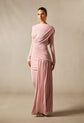 Long Sleeve Boat Neck Maxi Dress – Draped Waist Evening Gown with Side Gather