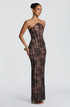 Yembi Fashion luxury black lace maxi gown featuring a strapless structural corset bodice with vertical black velvet panelled lines over a warm nude lining
