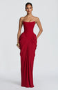 Yembi Fashion luxury red strapless maxi gown featuring a structured corset bodice and a dramatic draped basque waist skirt