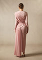 Long Sleeve Boat Neck Maxi Dress – Draped Waist Evening Gown with Side Gather