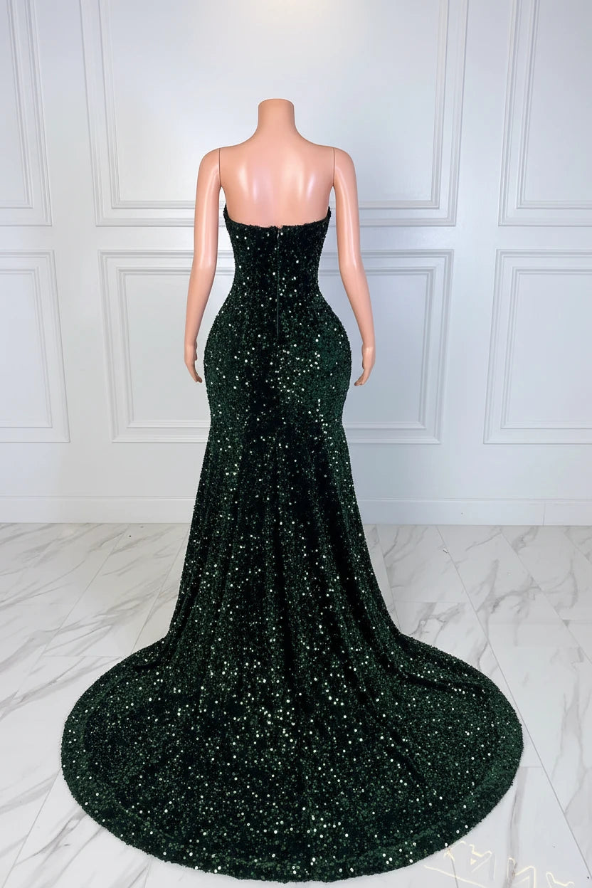 Yembi Fashion emerald green sequin prom dress with strapless sweetheart neckline, sheer mesh thigh panel, and formal mermaid train