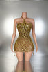 Yembi Fashion gold crystal mini dress with backless mesh cage design, geometric diamond sequin pattern, and hanging crystal fringe