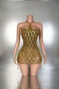 Yembi Fashion gold crystal mini dress with backless mesh cage design, geometric diamond sequin pattern, and hanging crystal fringe