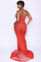 Yembi Fashion red rhinestone mermaid gown with strapless corset bodice, sheer nude-illusion mesh, and heavy geometric crystal lattice beading
