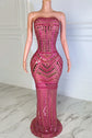 Yembi Fashion pink mirror maxi dress with strapless sweetheart neckline, sheer nude illusion mesh, and linear geometric pink reflective mirror shards