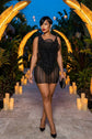Yembi Fashion black crystal mini dress with structured sculptural petal bodice and vertical beaded sheer mesh skirt