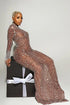 Yembi Fashion nude illusion crystal gown with sheer brown mesh, vertical wavy silver rhinestone patterns, and hanging crystal fringe cuffs
