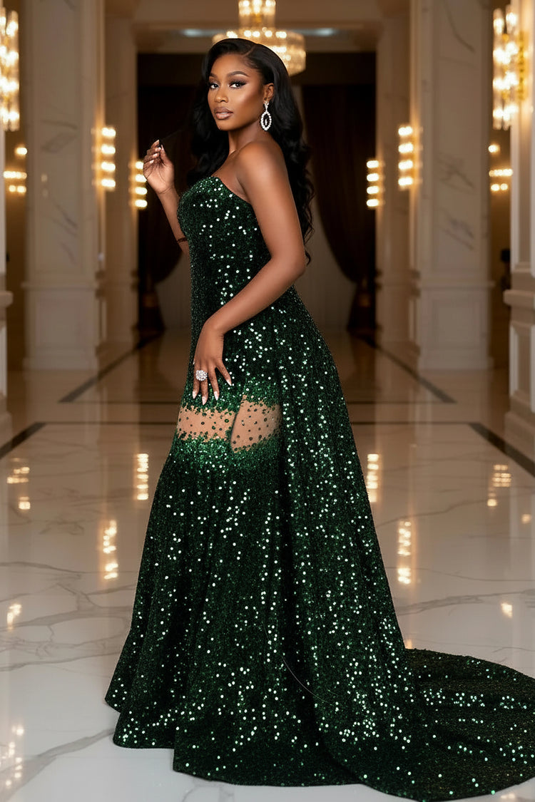 Yembi Fashion emerald green sequin prom dress with strapless sweetheart neckline, sheer mesh thigh panel, and formal mermaid train