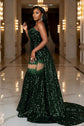 Yembi Fashion emerald green sequin prom dress with strapless sweetheart neckline, sheer mesh thigh panel, and formal mermaid train