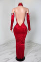 Yembi Fashion red velvet maxi dress with criss cross halter neck, dramatic stomach cutout, ruched skirt with crystal brooch, and matching long gloves
