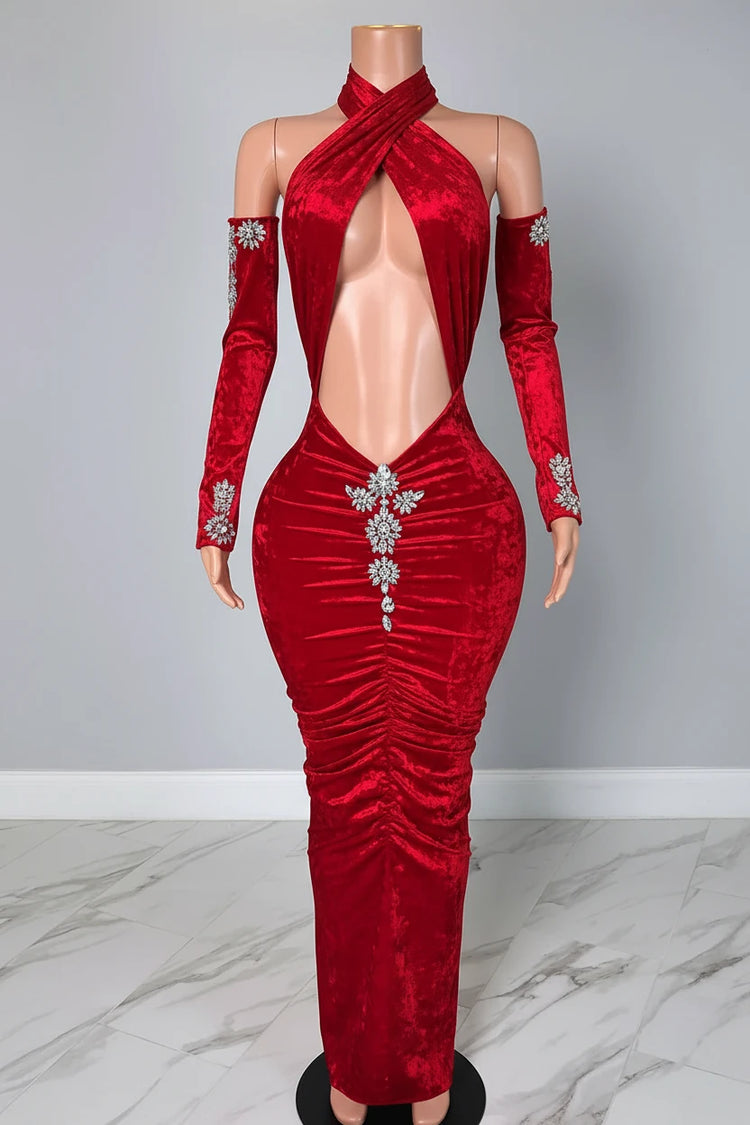 Yembi Fashion red velvet maxi dress with criss cross halter neck, dramatic stomach cutout, ruched skirt with crystal brooch, and matching long gloves