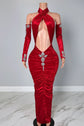 Yembi Fashion red velvet maxi dress with criss cross halter neck, dramatic stomach cutout, ruched skirt with crystal brooch, and matching long gloves