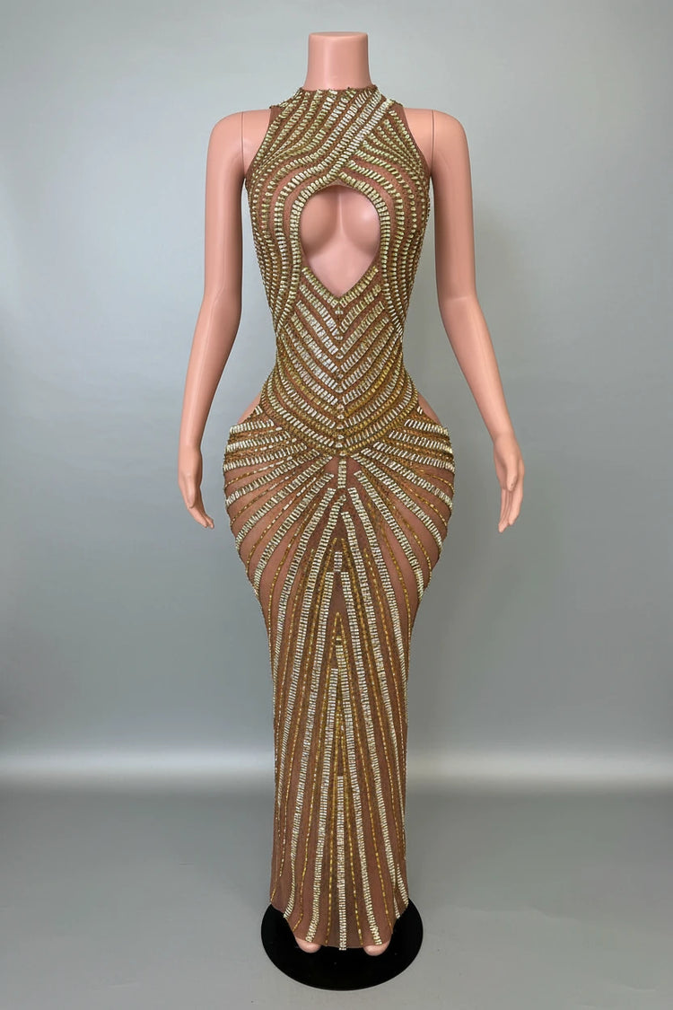 Yembi Fashion gold rhinestone maxi dress with dramatic chest and hip cutouts, high neck, and vertical gold crystal line detailing