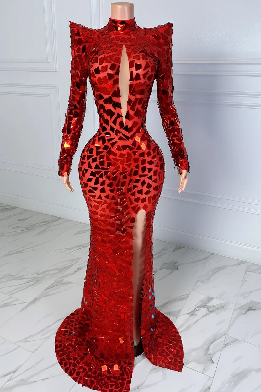 Yembi Fashion red mirror maxi dress with high neck, chest keyhole cutout, geometric shattered glass mirror pieces, long sleeves, and high thigh slit