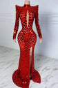 Yembi Fashion red mirror maxi dress with high neck, chest keyhole cutout, geometric shattered glass mirror pieces, long sleeves, and high thigh slit