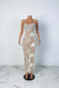 Yembi Fashion feather crystal maxi dress with thin pearl straps, sheer nude illusion mesh, white floral rhinestone embroidery, and side ostrich feathers