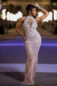 Yembi Fashion silver rhinestone maxi dress with high neck choker collar, plunging cutout bodice, draped chest chains, and sheer nude illusion mesh