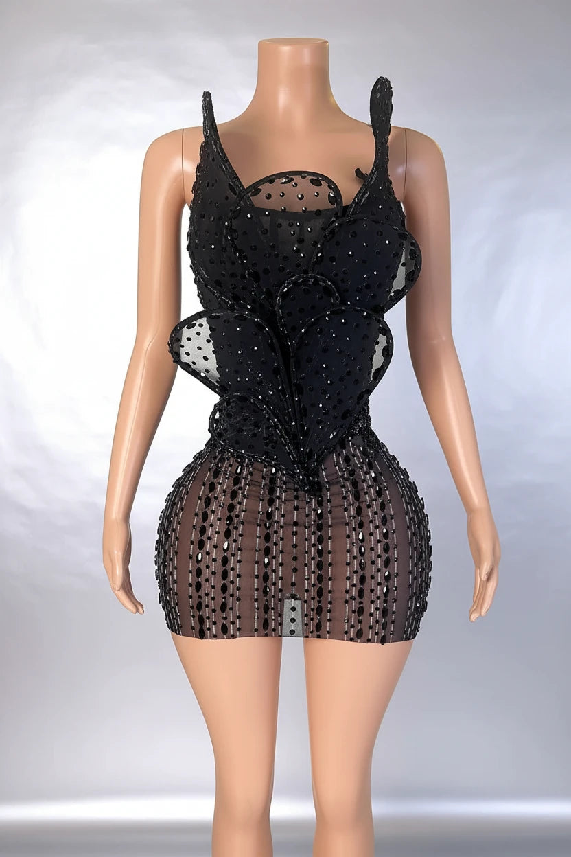 Yembi Fashion black crystal mini dress with structured sculptural petal bodice and vertical beaded sheer mesh skirt