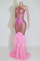 Yembi Fashion pink feather crystal gown with criss-cross halter neck, nude illusion mesh bodice with rose rhinestones, and plush ostrich feather mermaid train