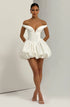 Yembi Fashion luxury white off-the-shoulder puff mini dress featuring a structured corset bodice with a plunging V-neckline and dramatic bubble skirt