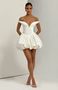Yembi Fashion luxury white off-the-shoulder puff mini dress featuring a structured corset bodice with a plunging V-neckline and dramatic bubble skirt