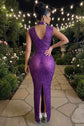 Yembi Fashion purple crystal maxi dress with high mock neck, sleeveless sheer nude illusion mesh, and heavy constellation pattern of amethyst violet rhinestones
