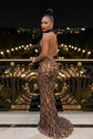 Yembi Fashion black rhinestone maxi dress with nude illusion mesh, high mock neck, and abstract crystal branching patterns