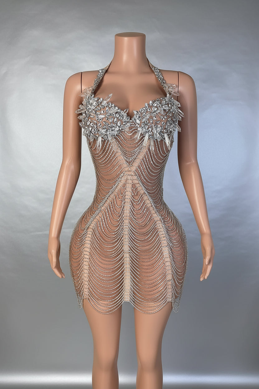 Yembi Fashion silver crystal mini dress with statement rhinestone bow bodice and beaded fringe strands