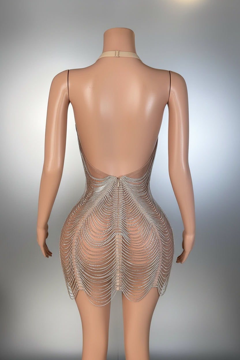Yembi Fashion silver crystal mini dress with statement rhinestone bow bodice and beaded fringe strands