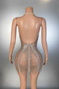 Yembi Fashion silver crystal mini dress with statement rhinestone bow bodice and beaded fringe strands