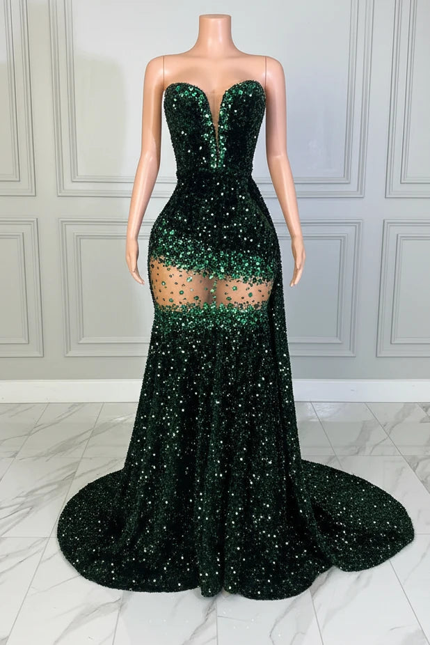 Yembi Fashion emerald green sequin prom dress with strapless sweetheart neckline, sheer mesh thigh panel, and formal mermaid train